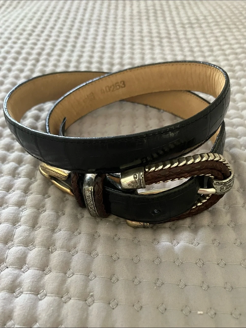 Brighton Black Leather Belt,  Brown Braided Trim and Silver-Tone Buckle